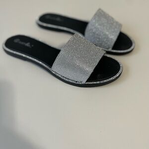 Just Be Silver and Rhinestone Slide Sandals